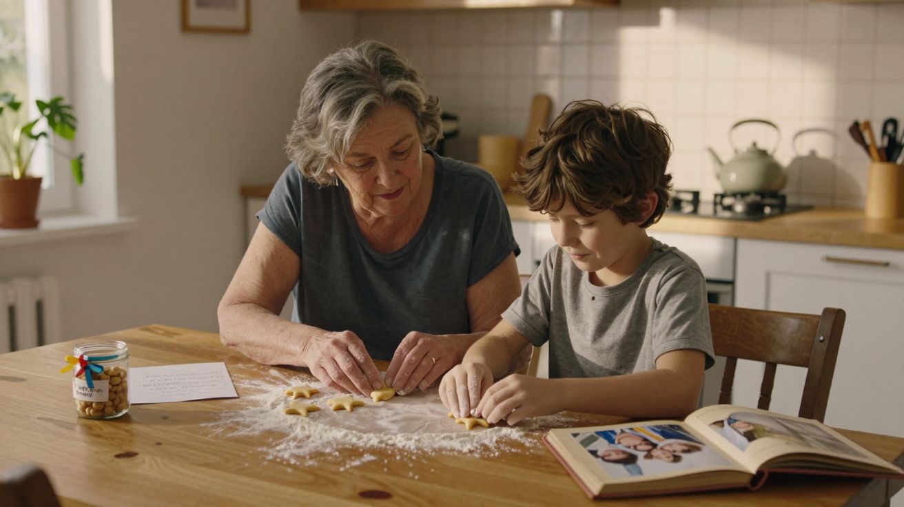 Idosa e criança fazem bolachas de massa em formato de estrela numa cozinha iluminada, com livro e pote sobre a mesa.