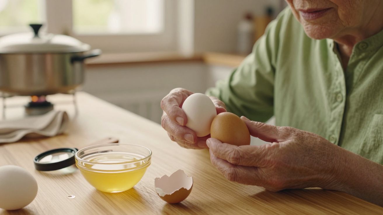 Pessoa em camisa verde a segurar dois ovos na cozinha; uma taça e casca de ovo estão sobre a mesa.