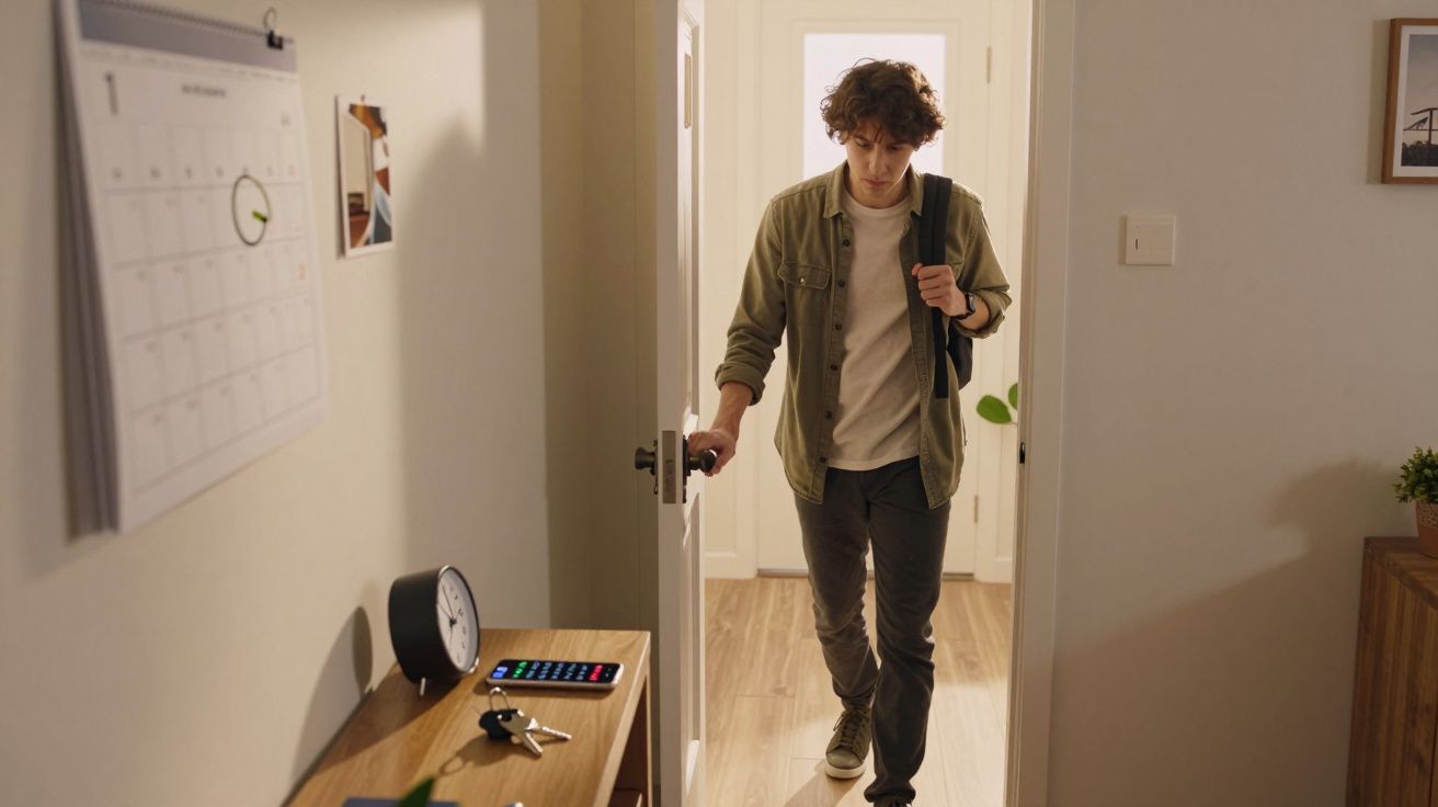 Homem jovem entra em casa, vestido casualmente, com mochila. Calendário e objetos sobre a mesa ao lado.