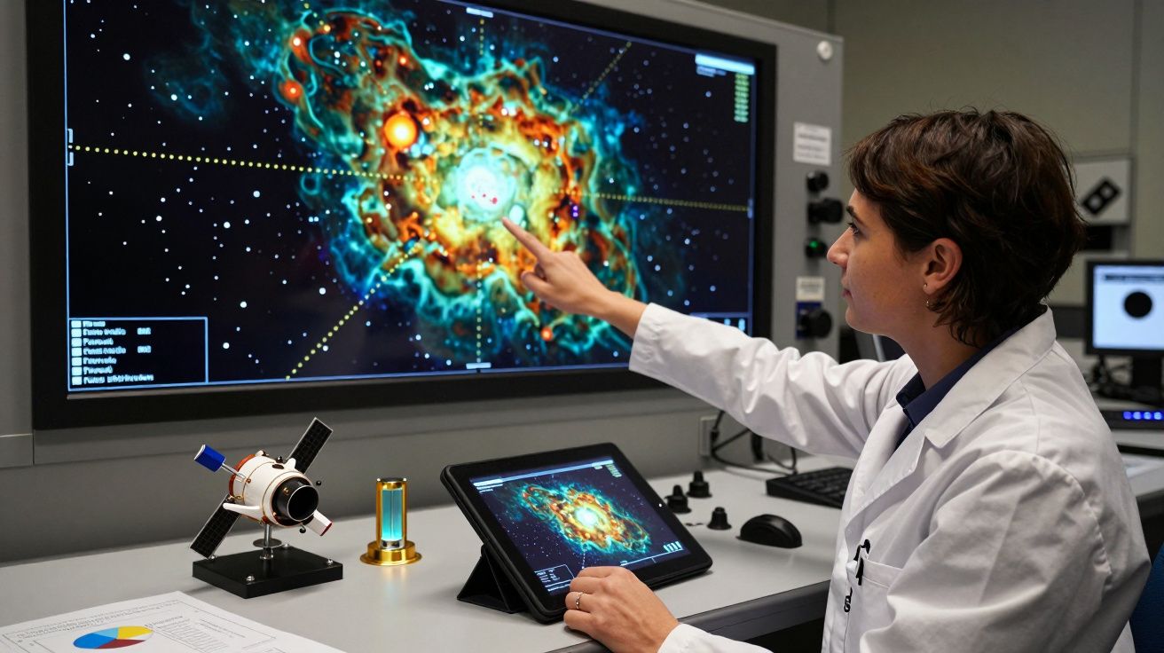 Cientista aponta para imagem de nebulosa num grande ecrã, rodeado de equipamentos científicos e tablet.