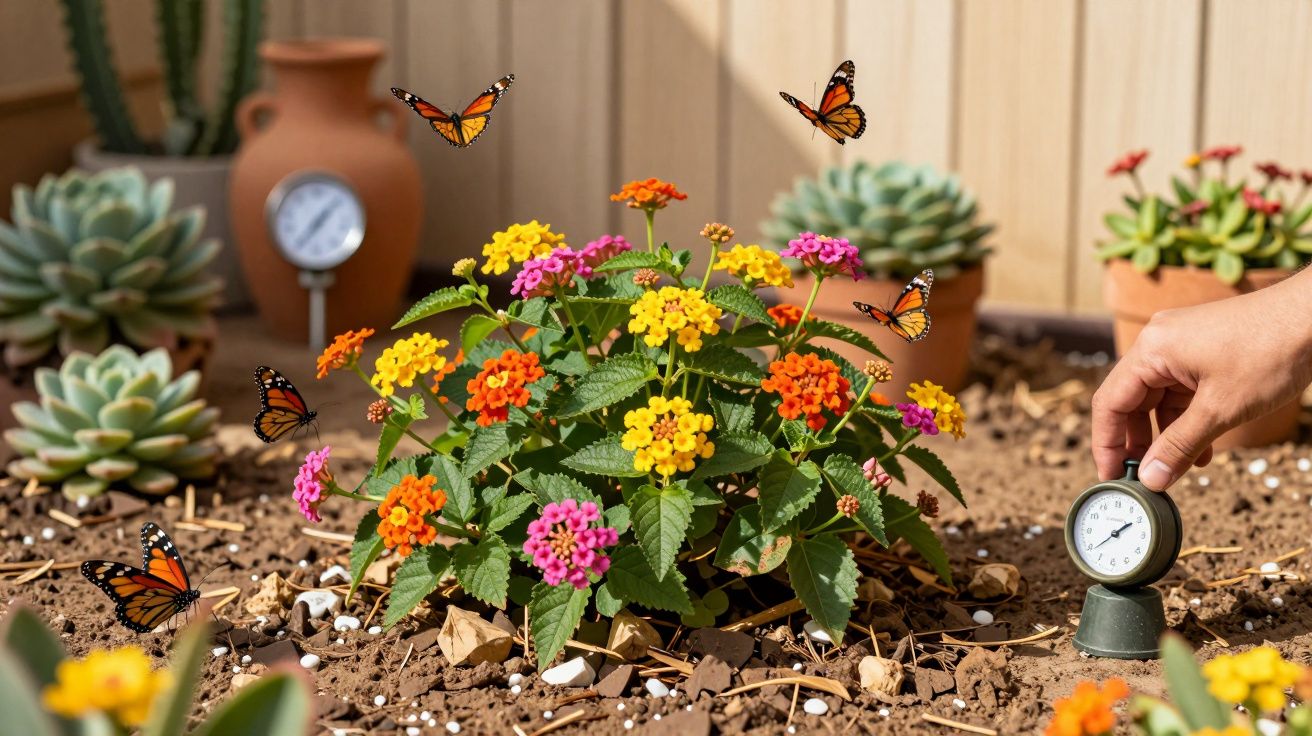 Mãos ajustam medidor de solo perto de flores coloridas e borboletas em jardim com cactos e suculentas.