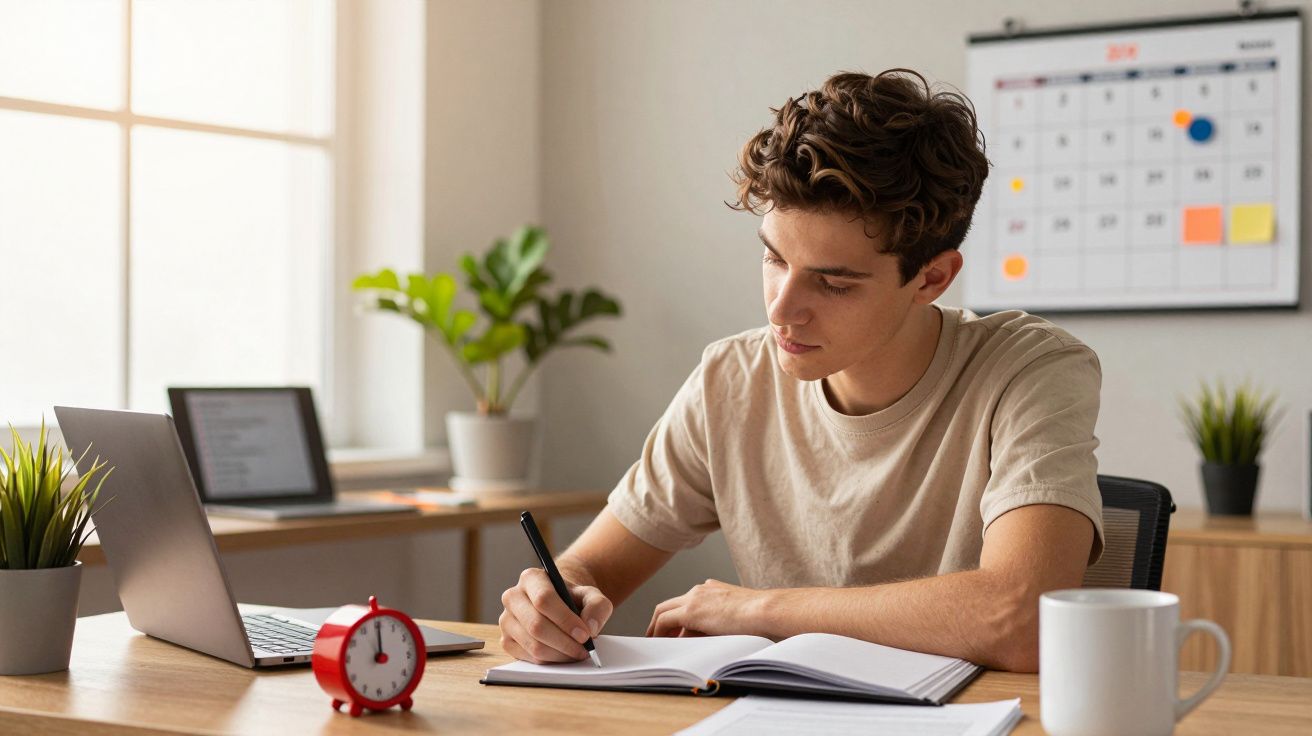 Jovem estudando numa secretária com um portátil, caderno, caneca e despertador. Planta e calendário ao fundo.