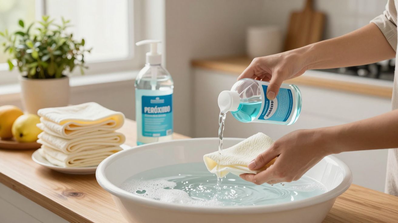 Mãos adicionam detergente líquido a uma bacia com água e pano, ao lado de toalhas e planta na cozinha.