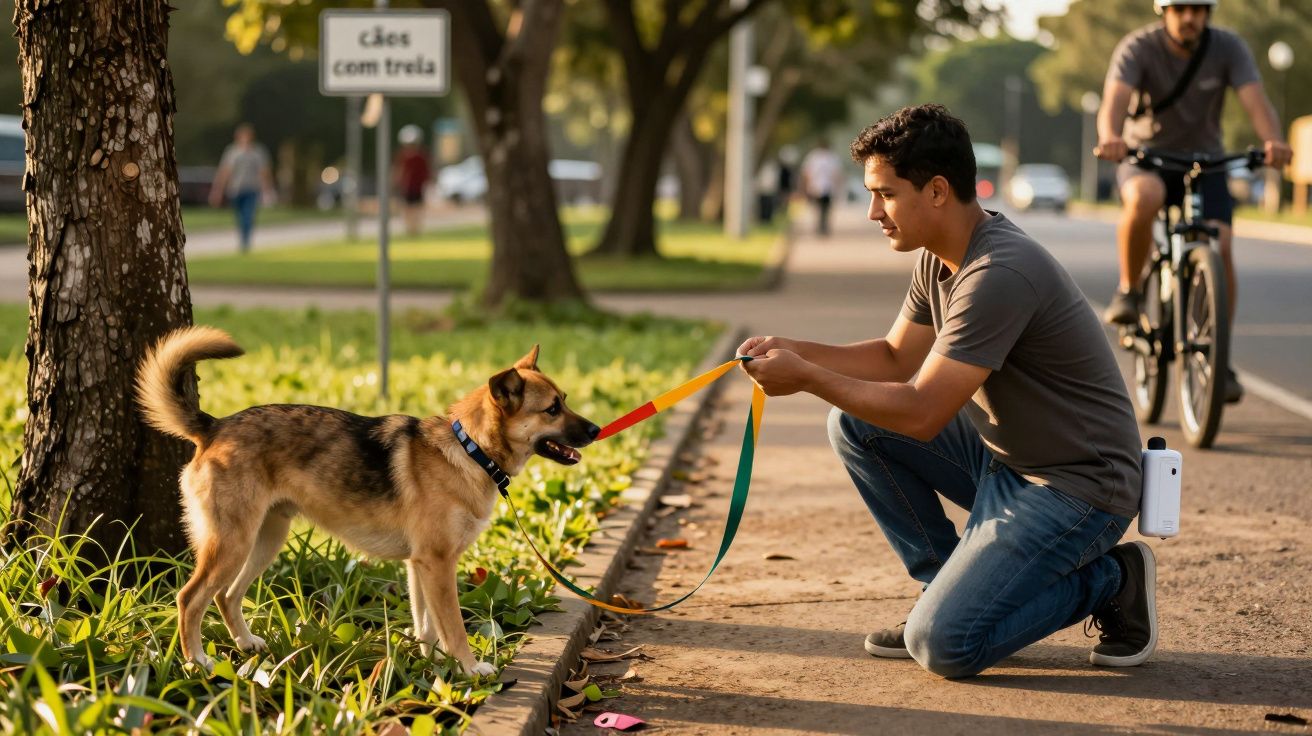 Homem agachado segura trela colorida de um cão junto a um caminho. Ao fundo, uma pessoa anda de bicicleta.