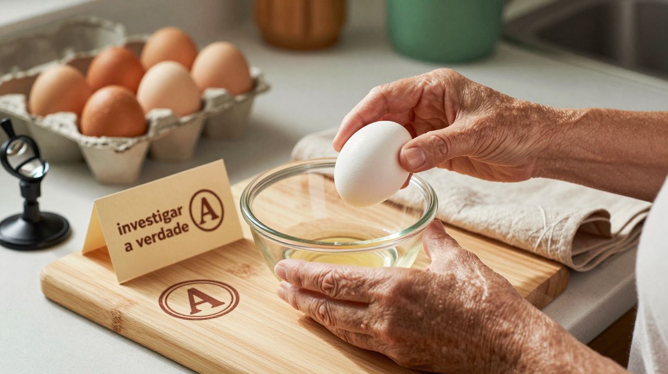 Mãos seguram ovo sobre tigela em bancada com caixa de ovos e letreiro "investigar a verdade".