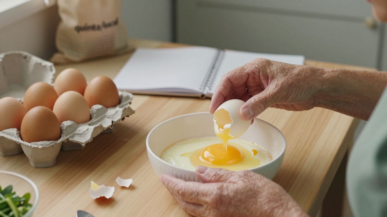Pessoa a partir ovos num recipiente, com uma caixa de ovos ao lado numa cozinha iluminada.