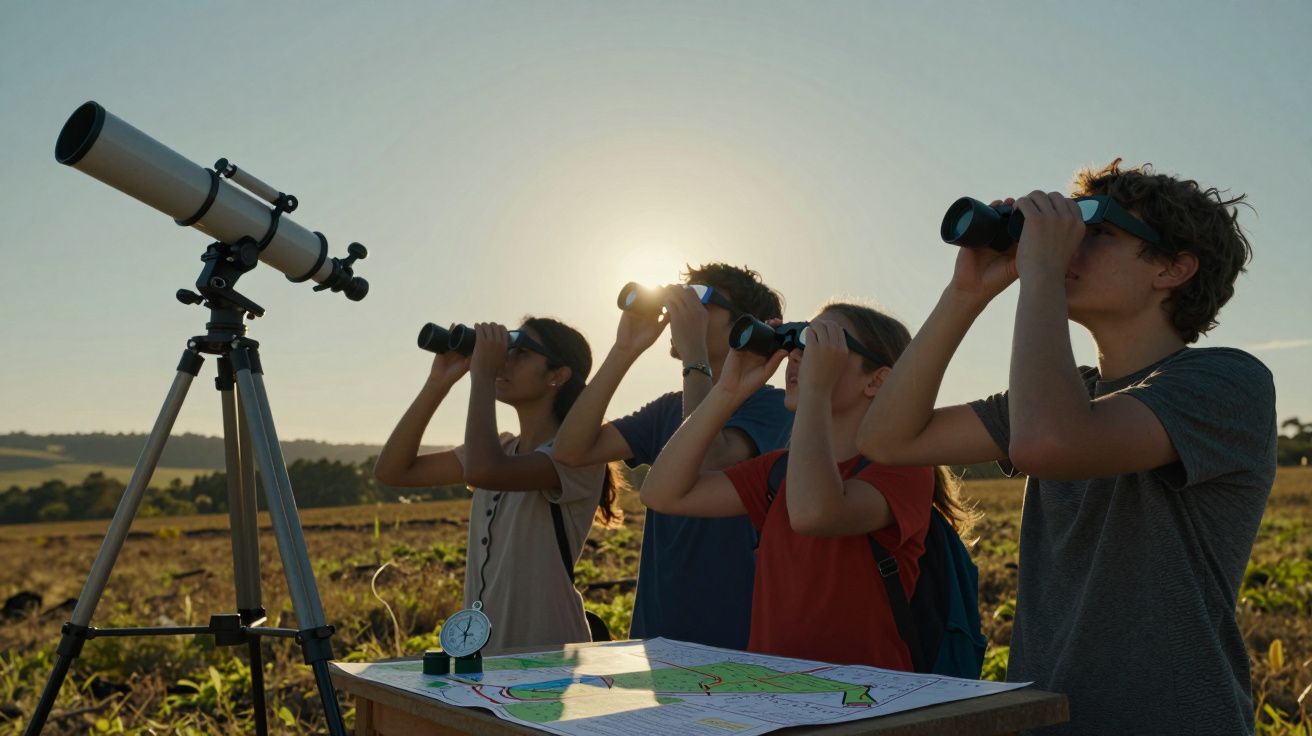 Jovens observam o céu com binóculos e telescópio em campo, ao pôr do sol. Mapas e bússola sobre a mesa.