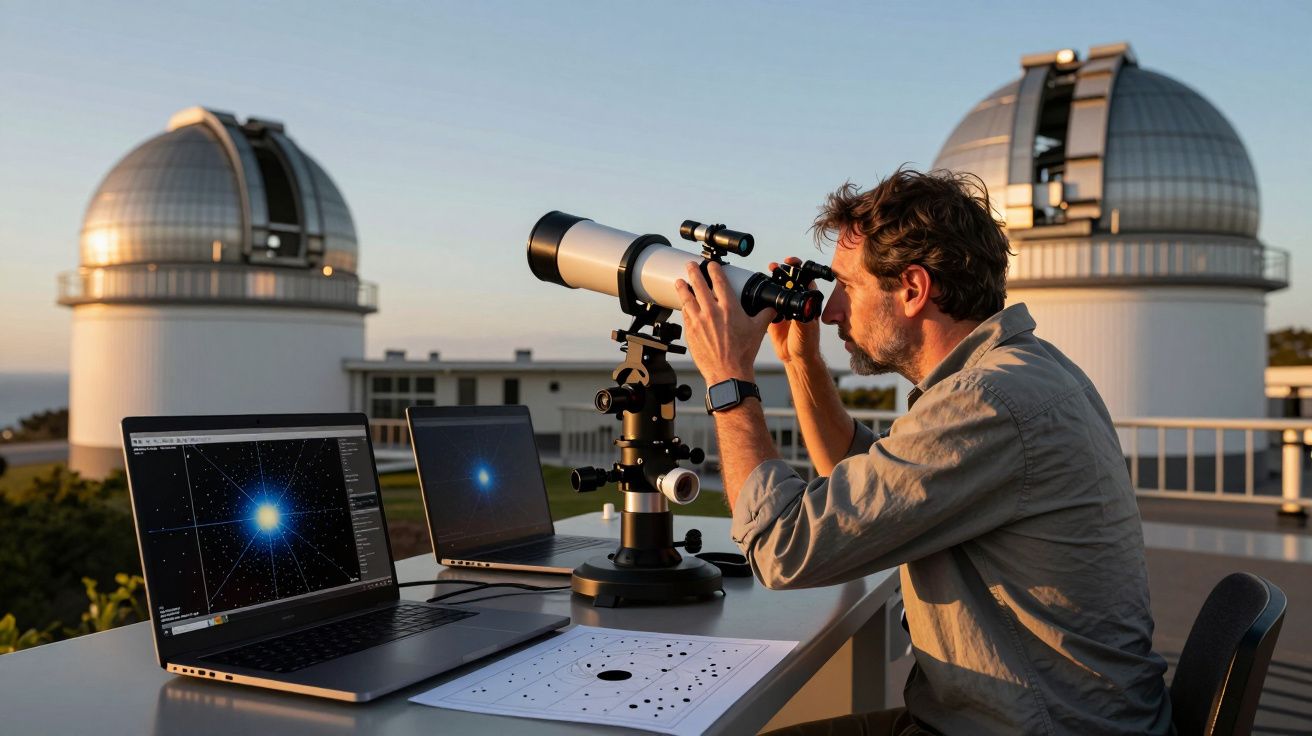 Homem observa telescópio em observatório com dois portáteis e dois observatórios ao fundo durante o pôr do sol.