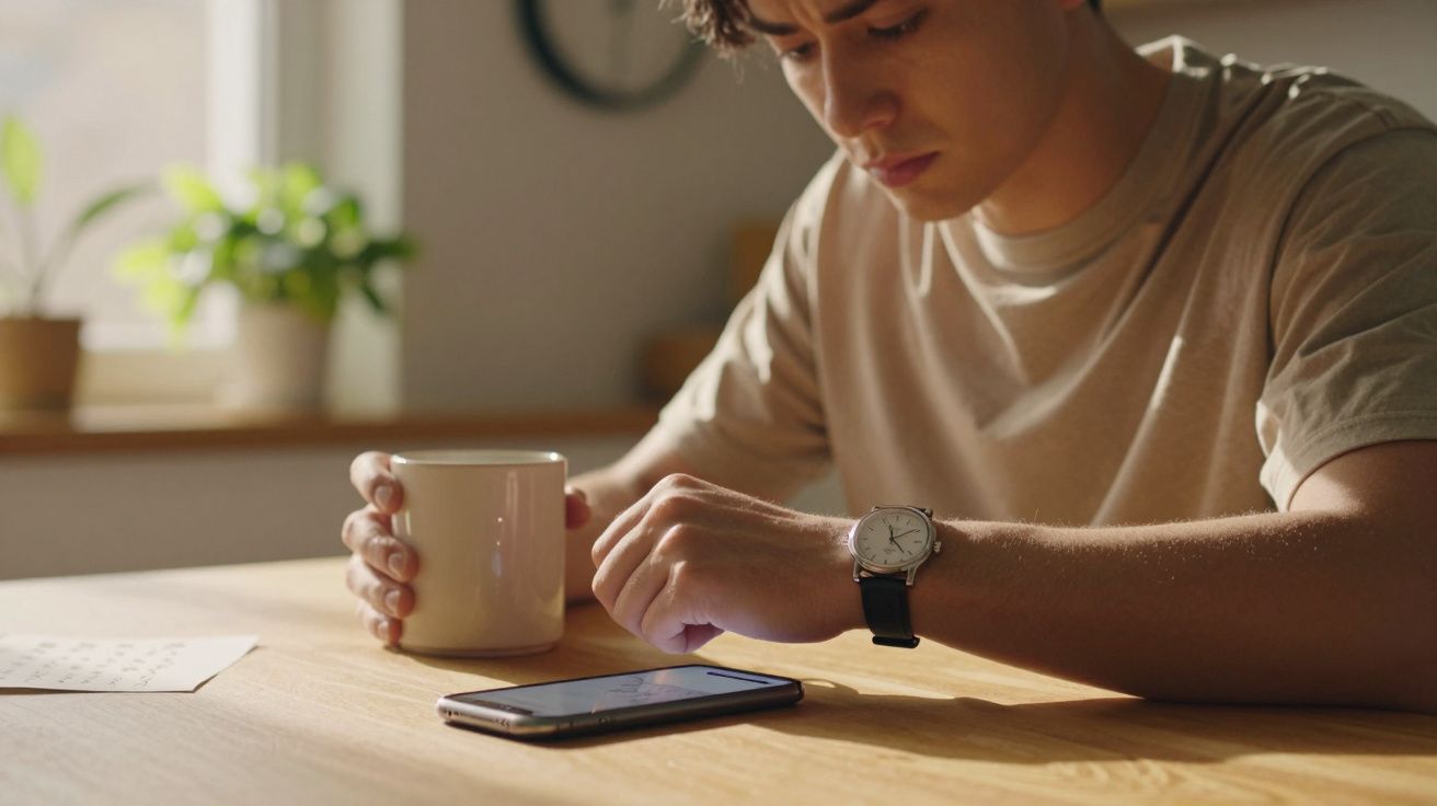 Pessoa segura uma caneca e olha para um smartphone numa mesa de madeira, com uma planta ao fundo.