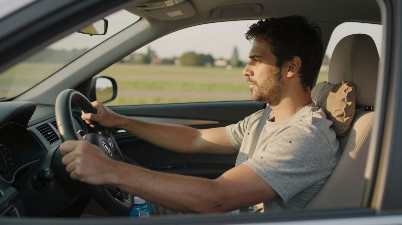 Homem sentado ao volante de um carro, olhando em frente, enquanto dirige numa estrada rural.