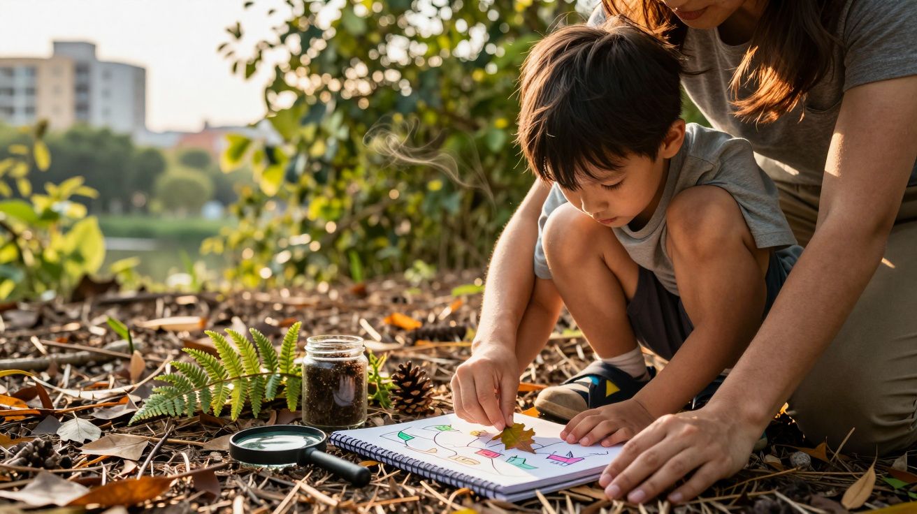 Criança a desenhar numa caderneta, rodeada por folhas e objetos naturais, acompanhada de um adulto ao ar livre.
