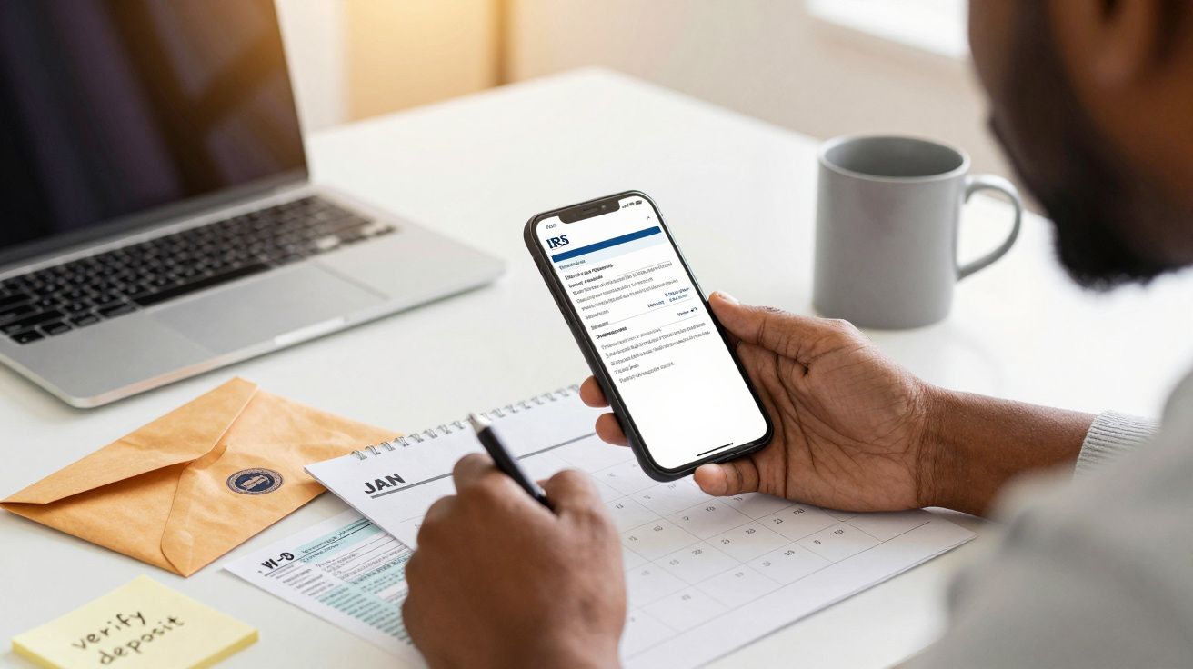 Pessoa verifica declarações fiscais no telemóvel, com um calendário e um computador portátil à frente.