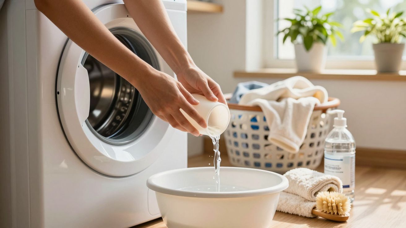 Pessoa despeja líquido numa bacia ao lado de uma máquina de lavar, com cesto de roupa e plantas ao fundo.
