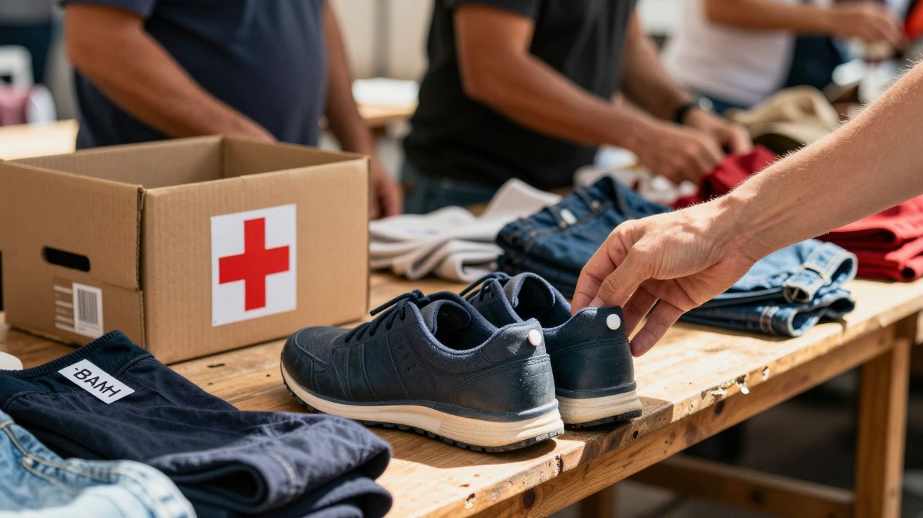 Pessoa a escolher ténis numa mesa de doações, com caixa de roupas ao lado.
