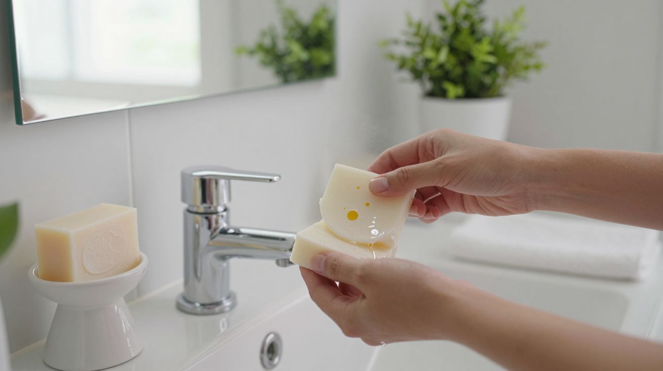 Mãos segurando sabonete branco sob uma torneira em uma casa de banho moderna com plantas ao fundo.