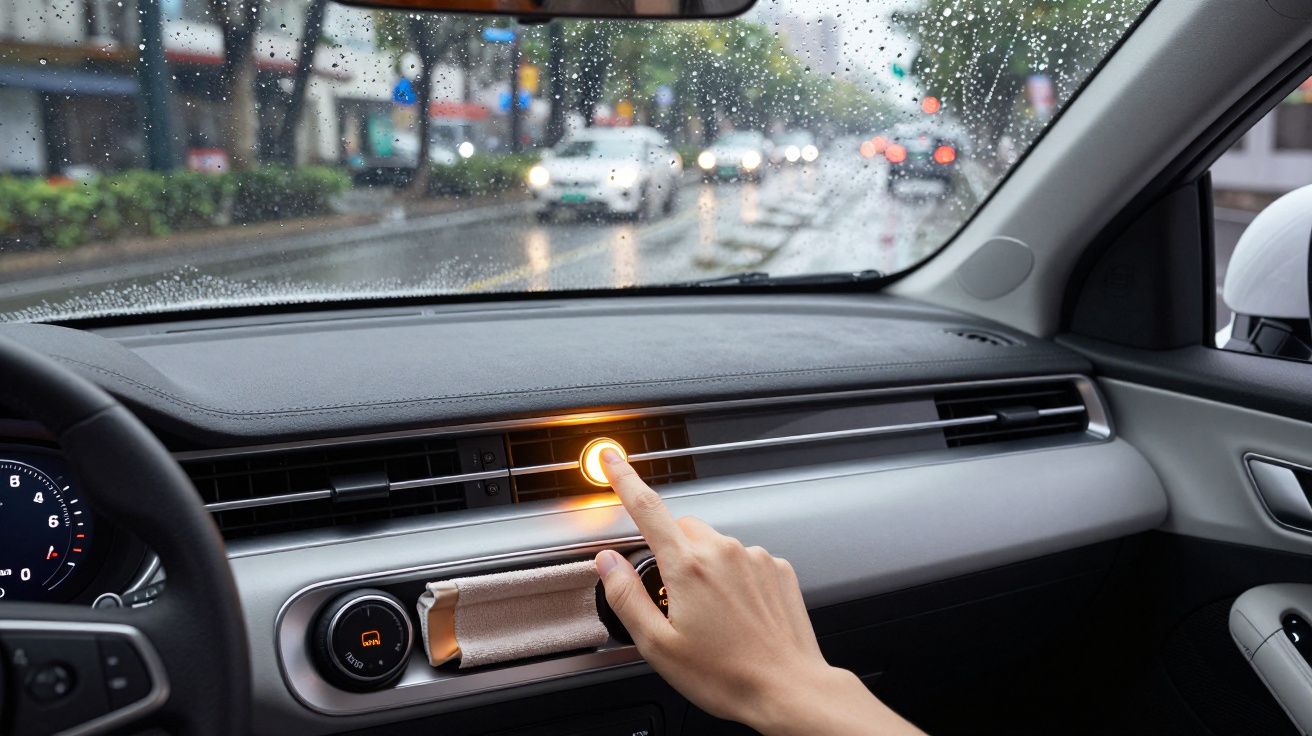 Pessoa a tocar num botão no painel de controlo do carro, enquanto chove lá fora.