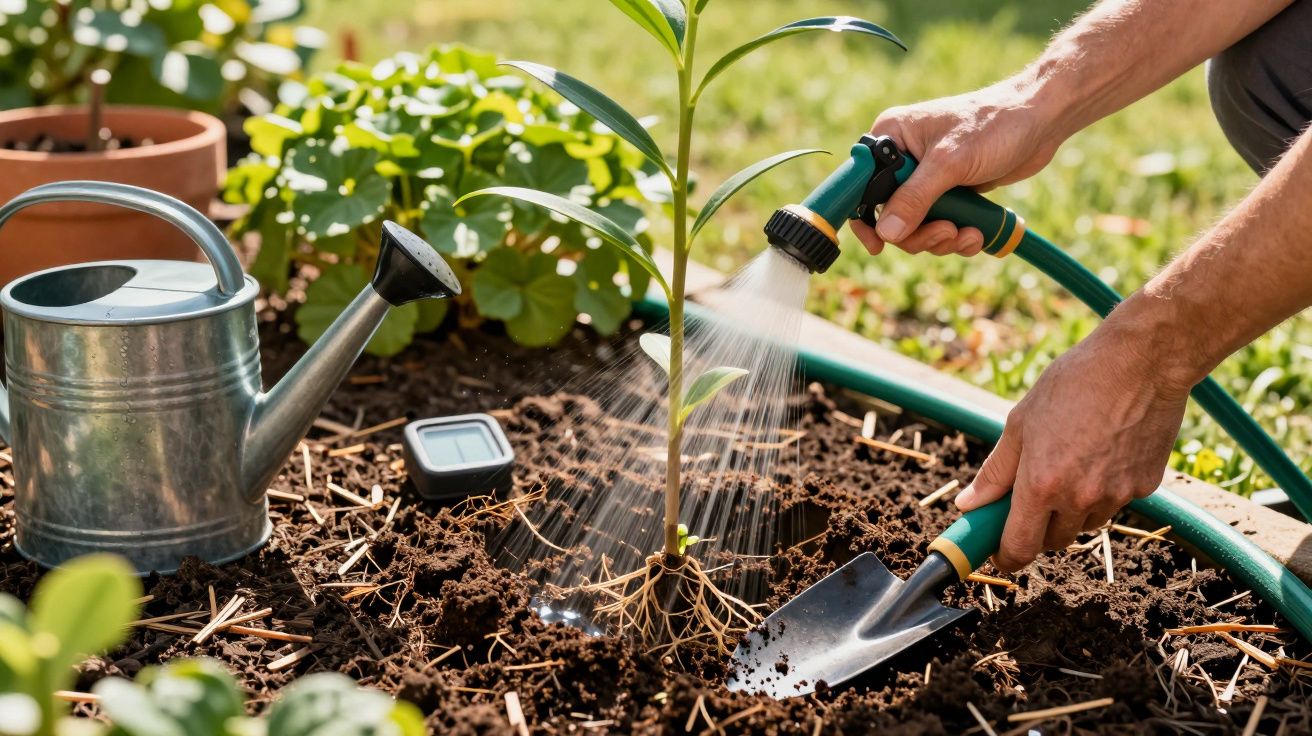 Mãos a regar uma jovem planta num jardim, com um regador e uma pá ao lado.