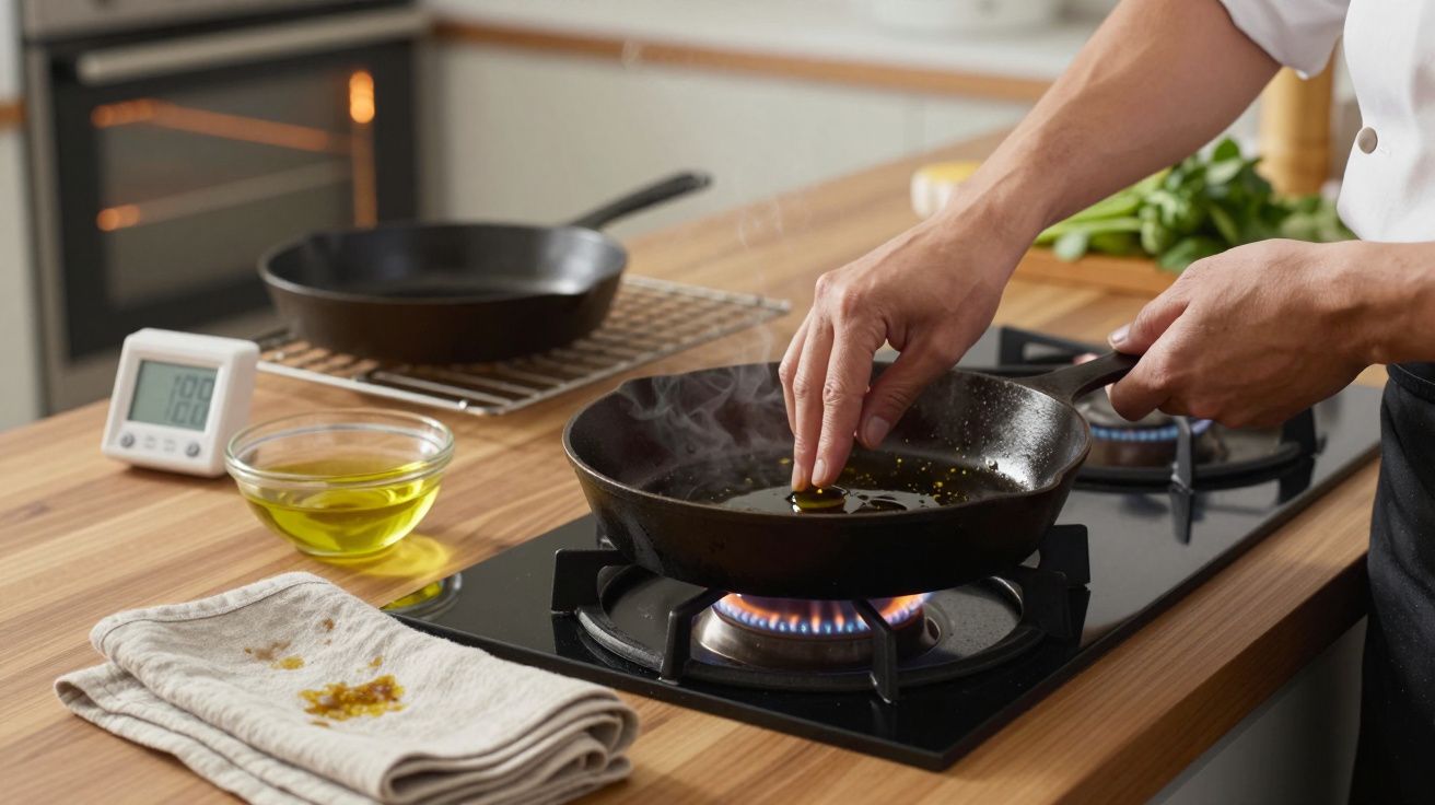 Pessoa cozinhando numa frigideira com óleo em fogão a gás, com termómetro e pano na bancada.