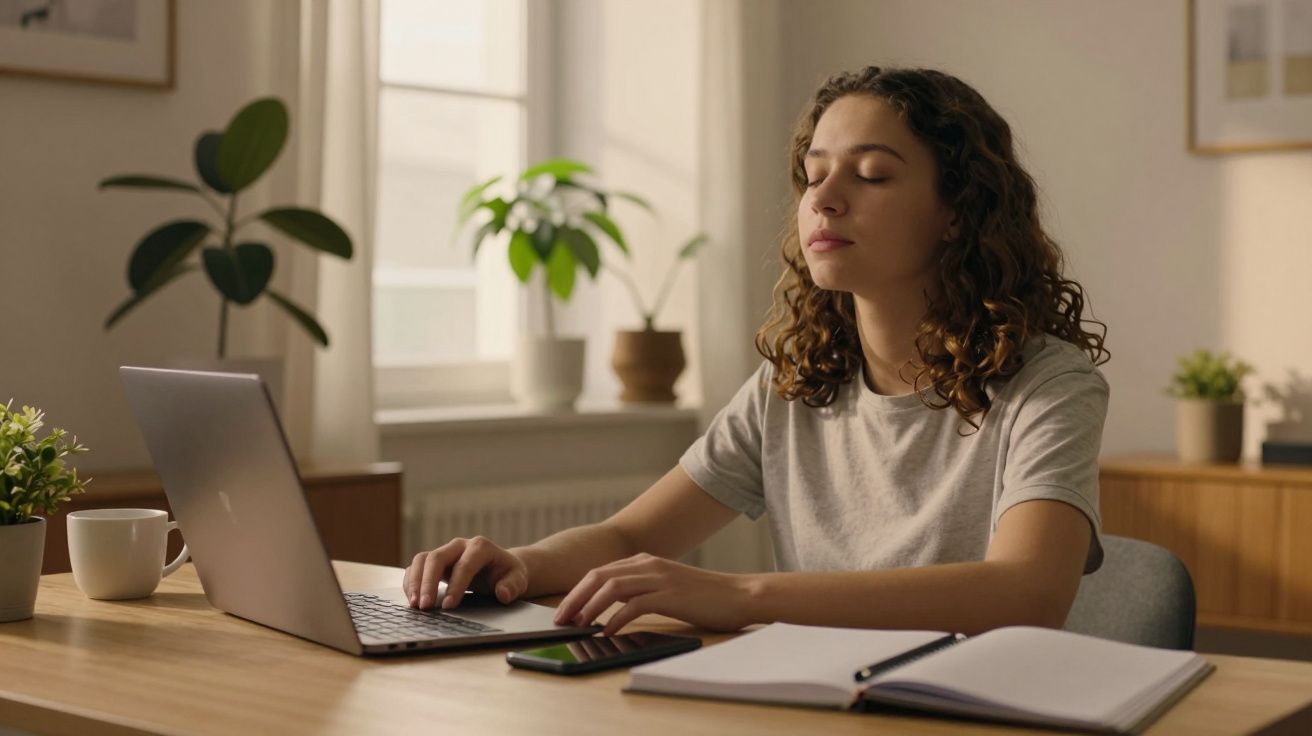 Mulher meditando à mesa com laptop, caderno e plantas ao fundo.