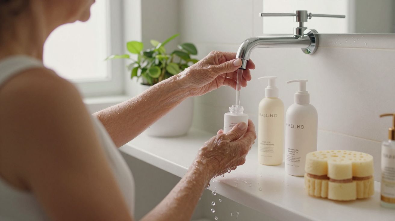 Pessoa enche frasco pequeno com água da torneira ao lado de produtos de cuidados pessoais e esponjas.