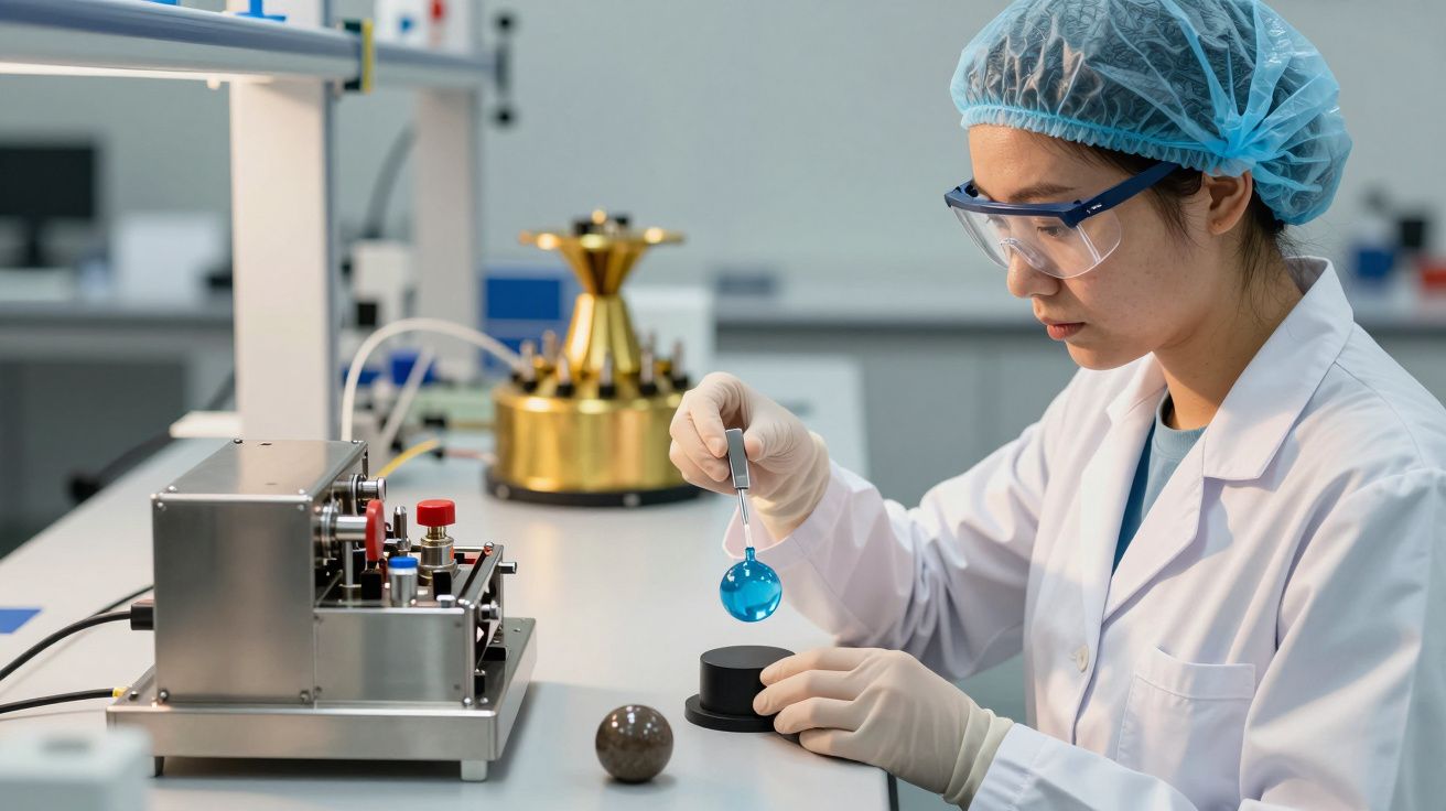 Cientista em laboratório usando equipamento de teste, segura frasco azul.