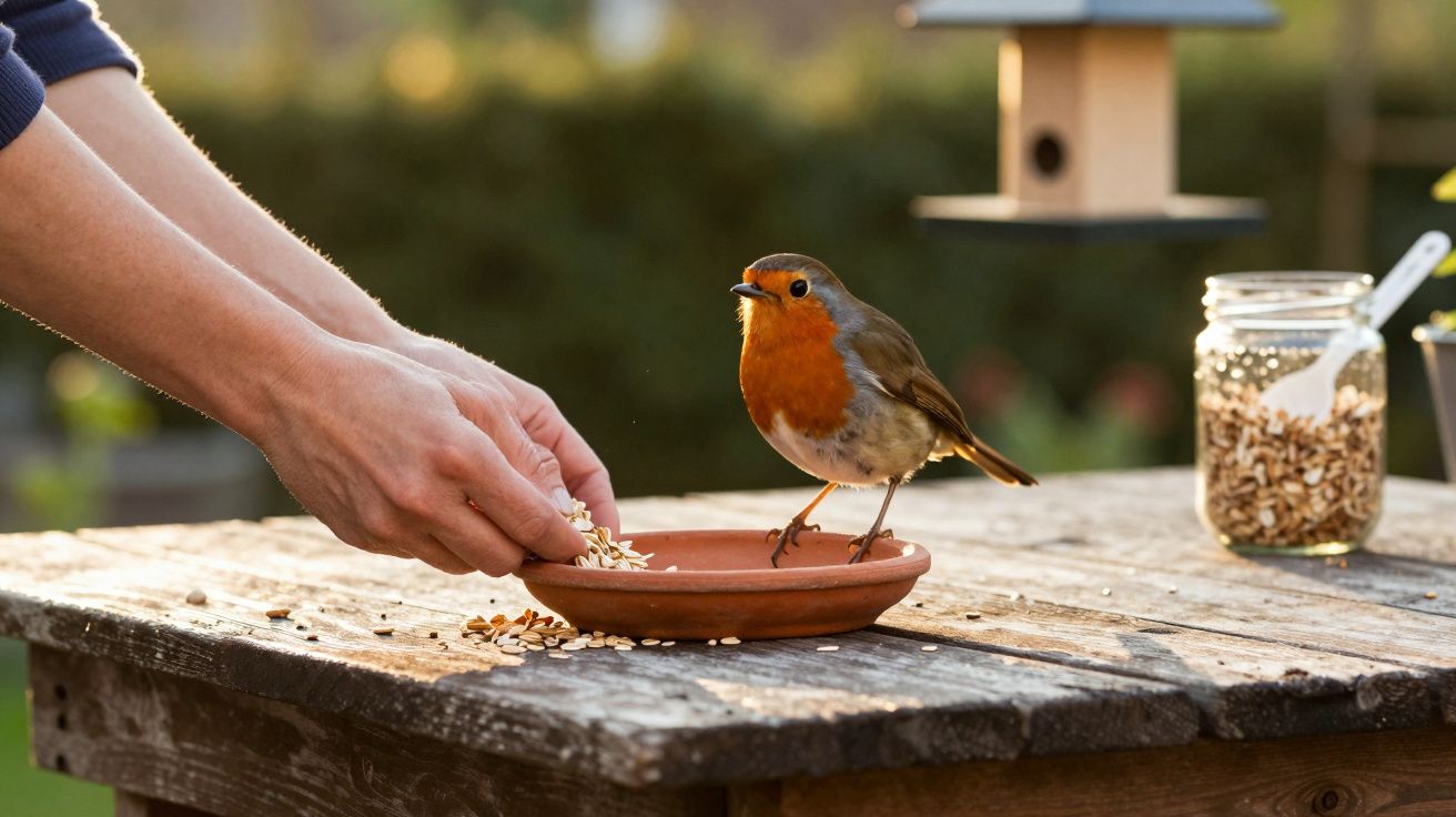 Mão alimenta um pisco-de-peito-ruivo num prato de barro em mesa de madeira com jarro de sementes ao fundo.