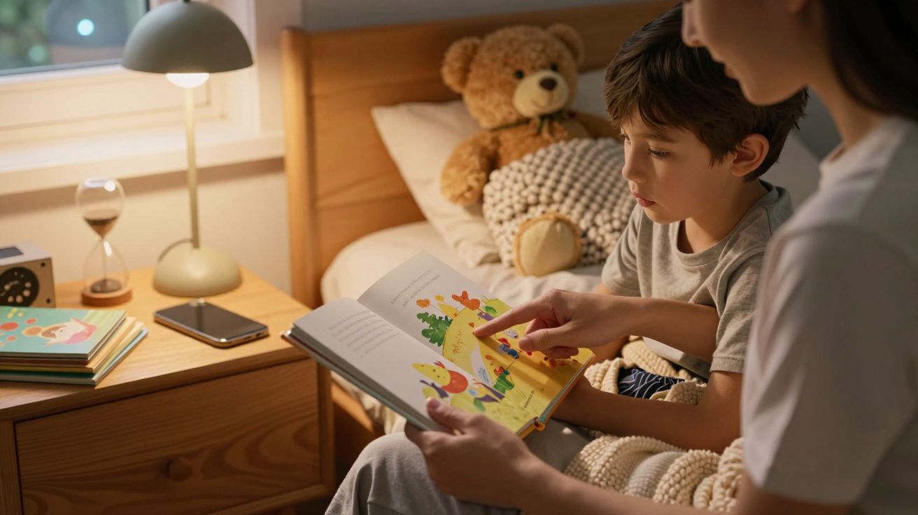 Criança e adulto leem livro infantil ilustrado numa cama, com peluche ao fundo e lâmpada acesa na mesinha de cabeceira.