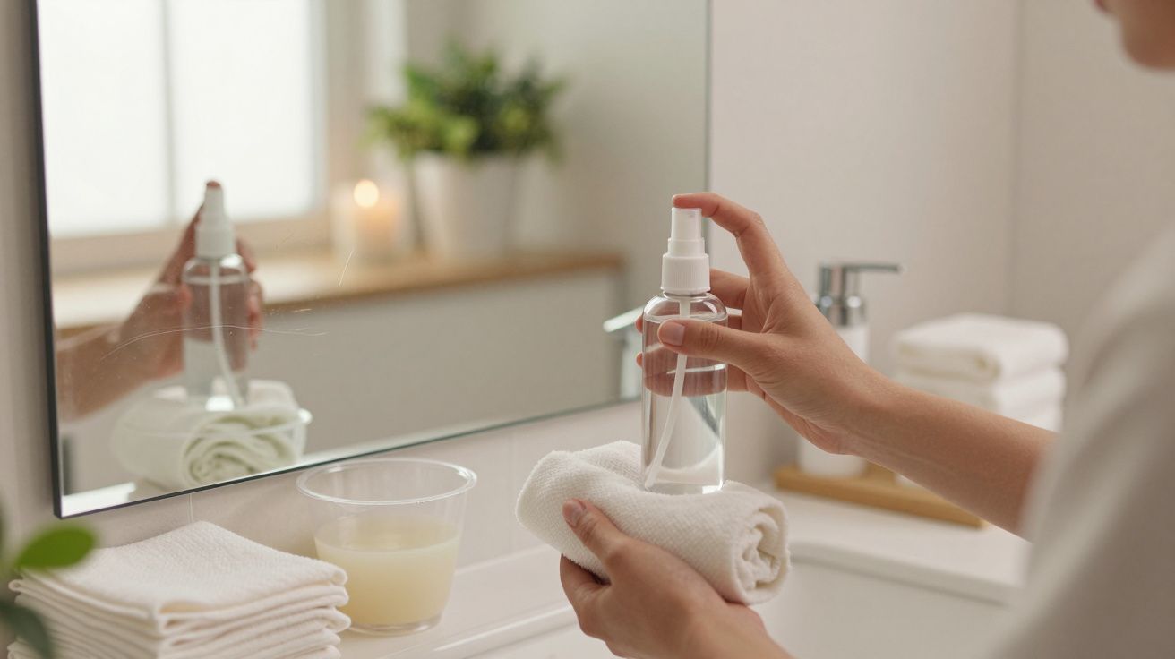 Mãos femininas seguram spray e pano branco numa casa de banho moderna, com toalhas e planta ao fundo.