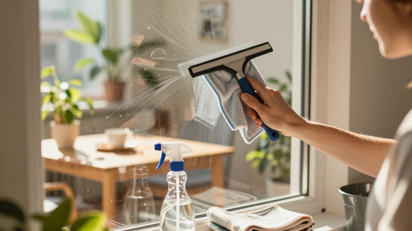 Pessoa a limpar janela com rodo e spray, ao fundo uma sala iluminada e plantas.
