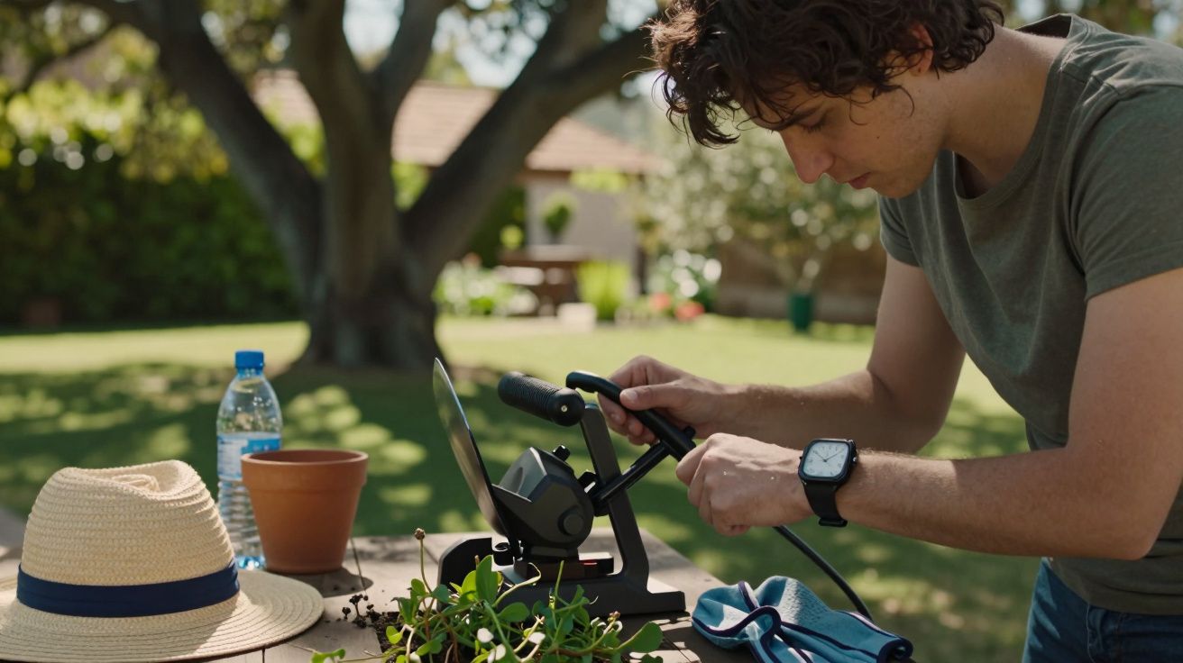 Homem ajusta equipamento ao ar livre numa mesa com chapéu, garrafa de água e plantas, em ambiente de jardim.