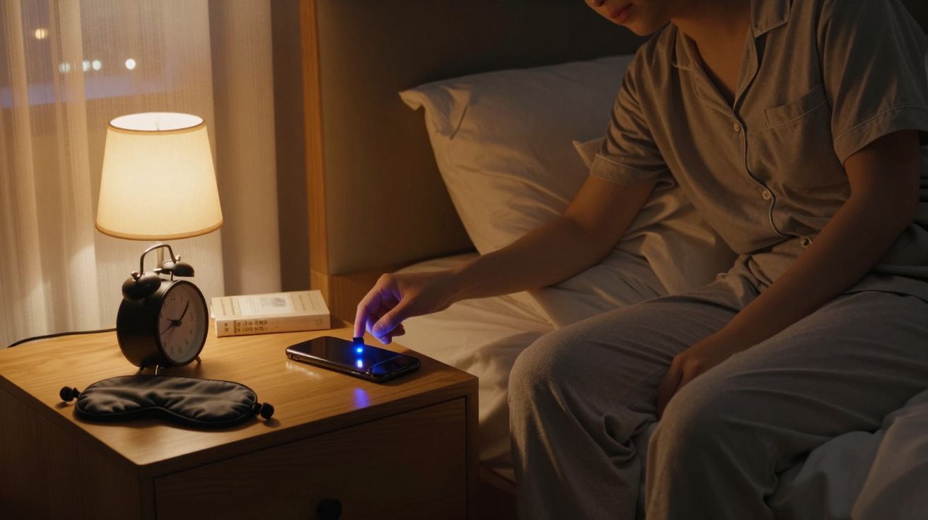 Pessoa de pijama na cama, toca num smartphone na mesa de cabeceira com abajur, despertador e venda para os olhos.