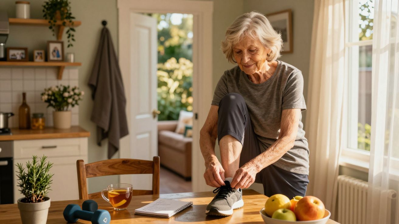 Idosa amarra sapato em cozinha iluminada, com pesos, chá e fruta na mesa.