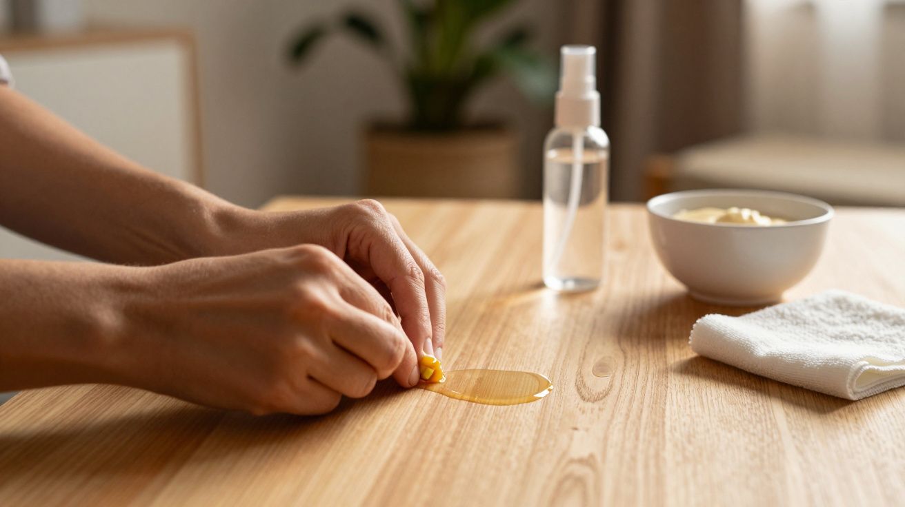Mãos a aplicar cera para depilação numa superfície de madeira, com toalha e frasco ao fundo.