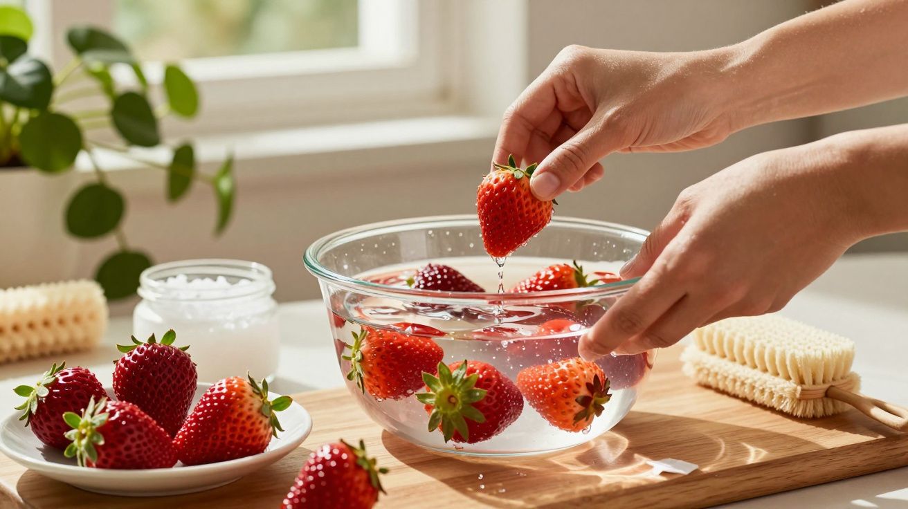 Mãos lavando morangos em água numa tigela de vidro, com morangos frescos ao lado num prato branco.