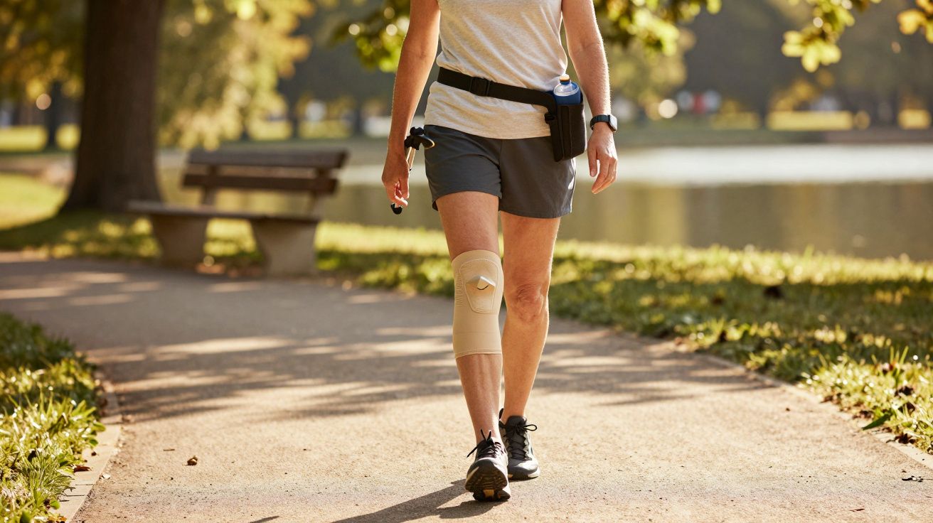 Pessoa a caminhar num parque, usando joelheira e calções, segurando bastões de caminhada.