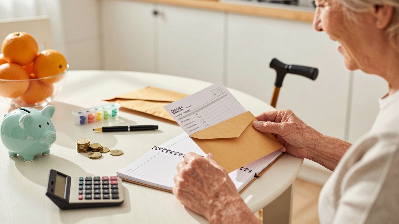Mulher idosa fazendo orçamento, com caderno, envelopes, moedas, calculadora e mealheiro num mesa iluminada.