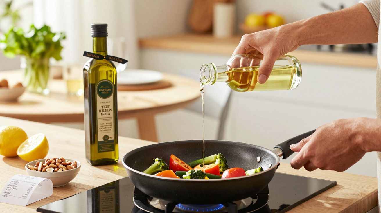 Pessoa a deitar azeite numa frigideira com legumes em lume brando.