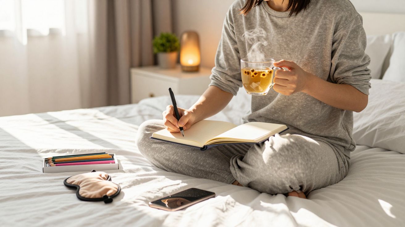 Pessoa sentada na cama de pijama, escreve num caderno e segura chá. Ao lado, um telemóvel e lápis de cor.
