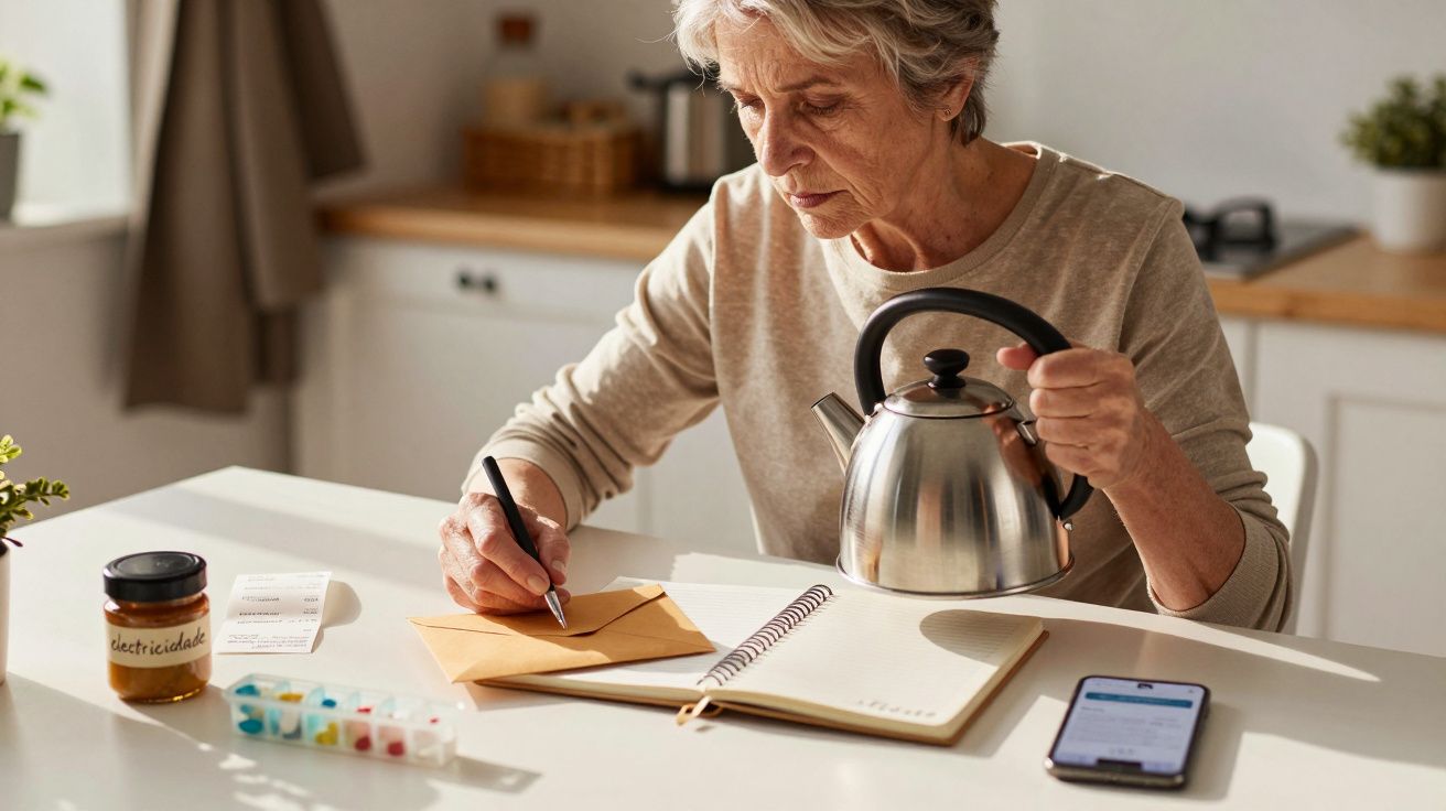 Mulher idosa numa cozinha, escrevendo numa carta, segurando um bule; na mesa, está um telemóvel e medicamentos.