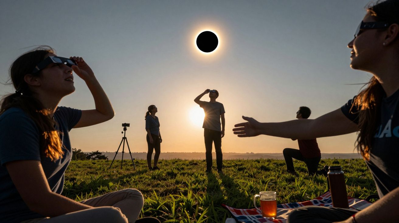 Grupo de pessoas observa eclipse solar usando óculos especiais, num campo aberto ao pôr do sol.