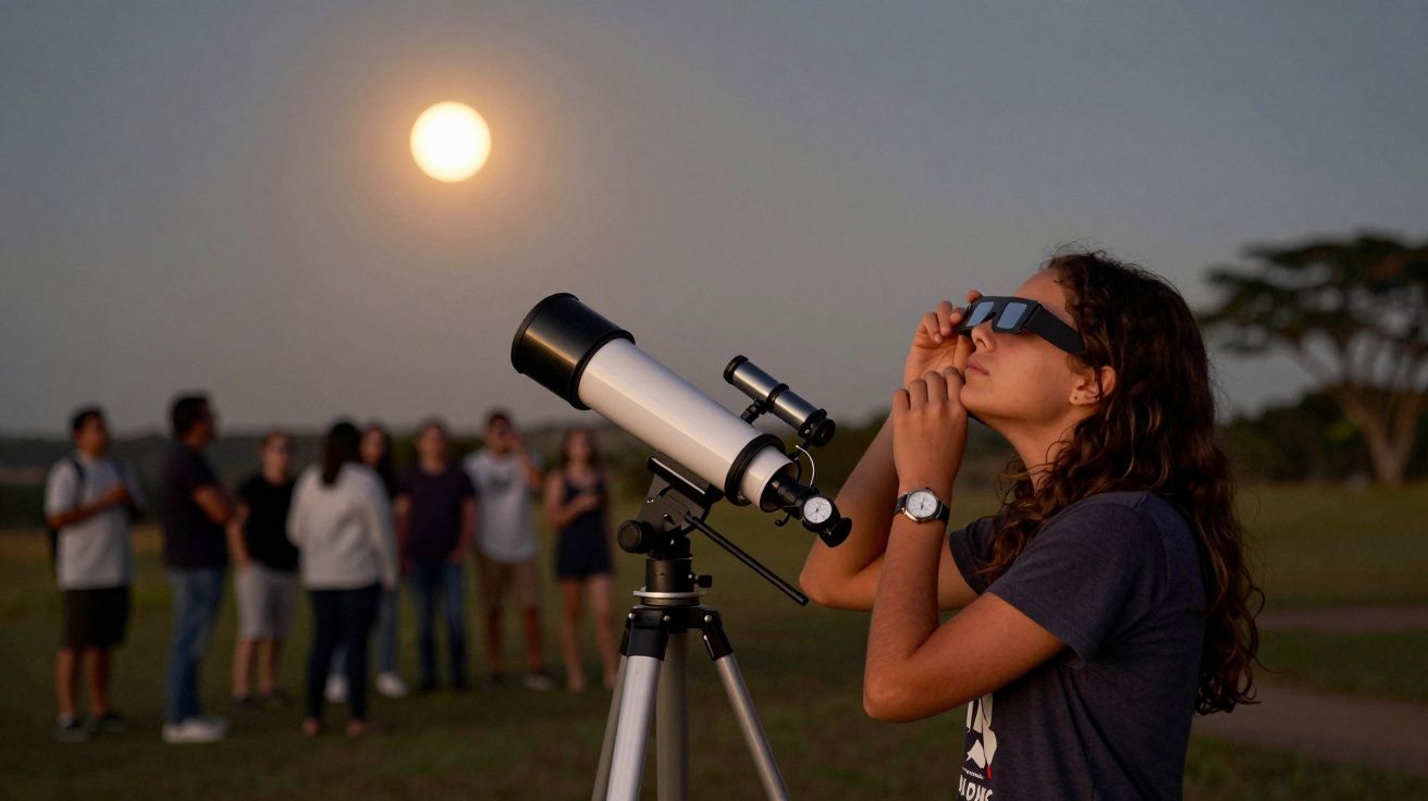 Mulher observa a lua através de óculos especiais e telescópio; grupo de pessoas ao fundo numa noite clara.