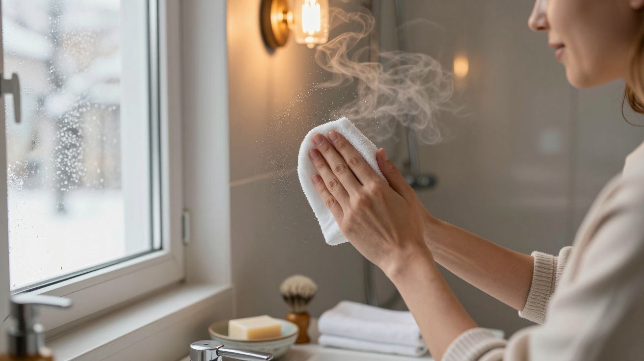 Pessoa segura uma toalha quente e fumegante numa casa de banho, junto a uma janela embaciada.