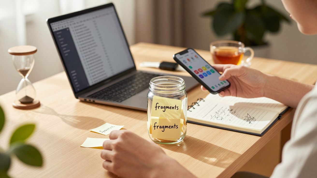 Pessoa a usar smartphone e portátil em secretária, com jarro rotulado "fragments", bloco de notas e chá.