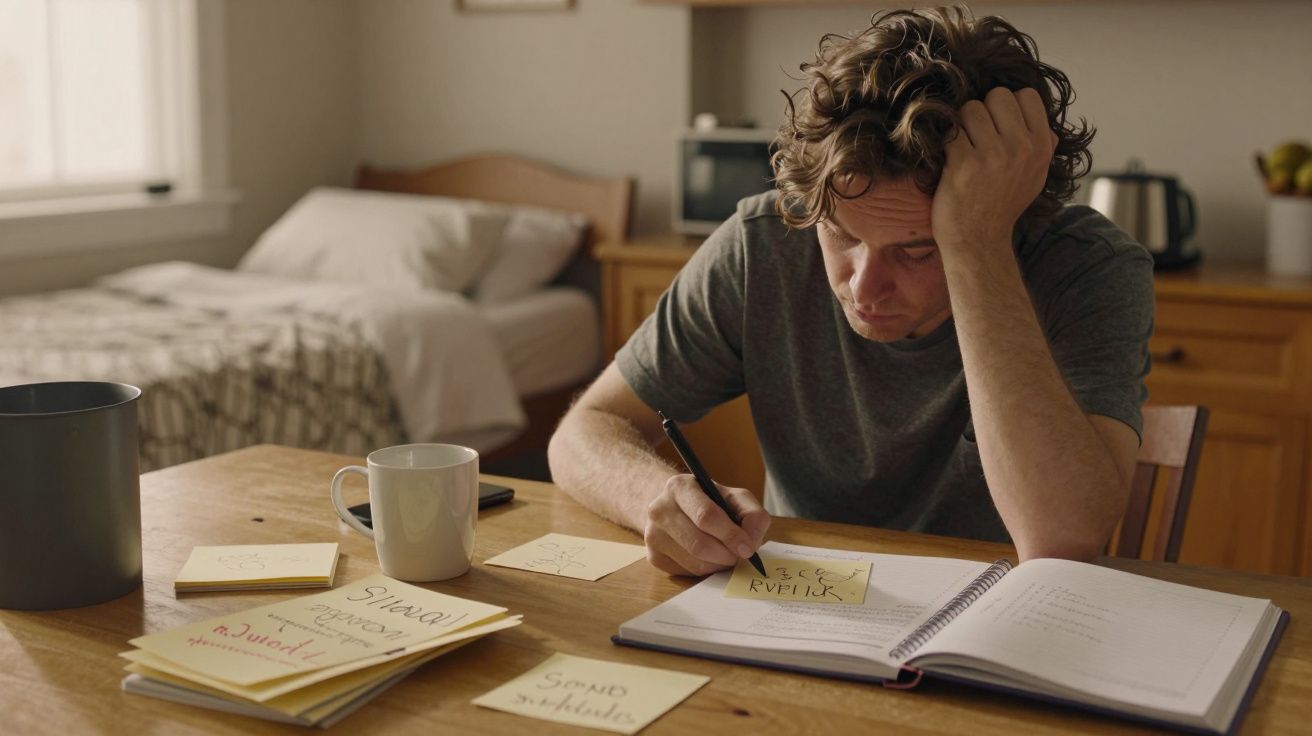 Homem sentado à mesa, escrevendo em caderno com post-its e caneca, num quarto com cama ao fundo.
