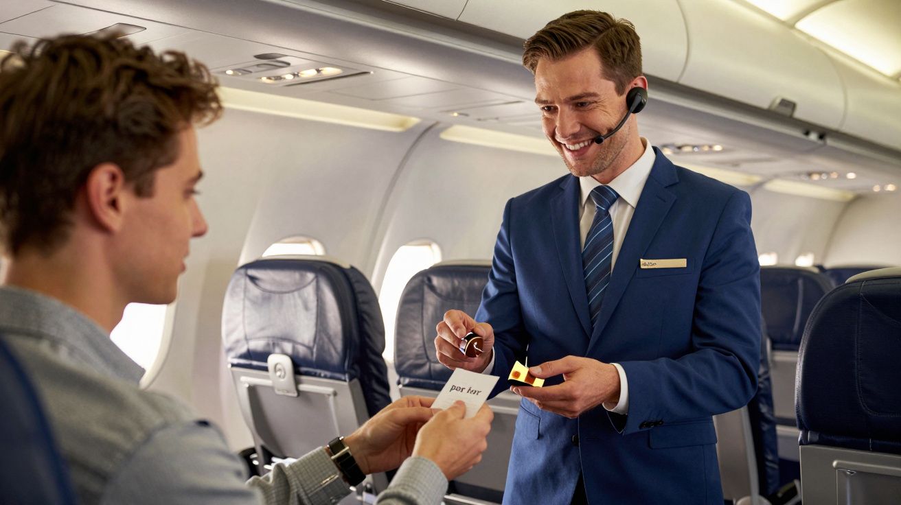 Assistente de bordo num avião, sorrindo e verificando bilhete de passageiro sentado, enquanto usa auricular.