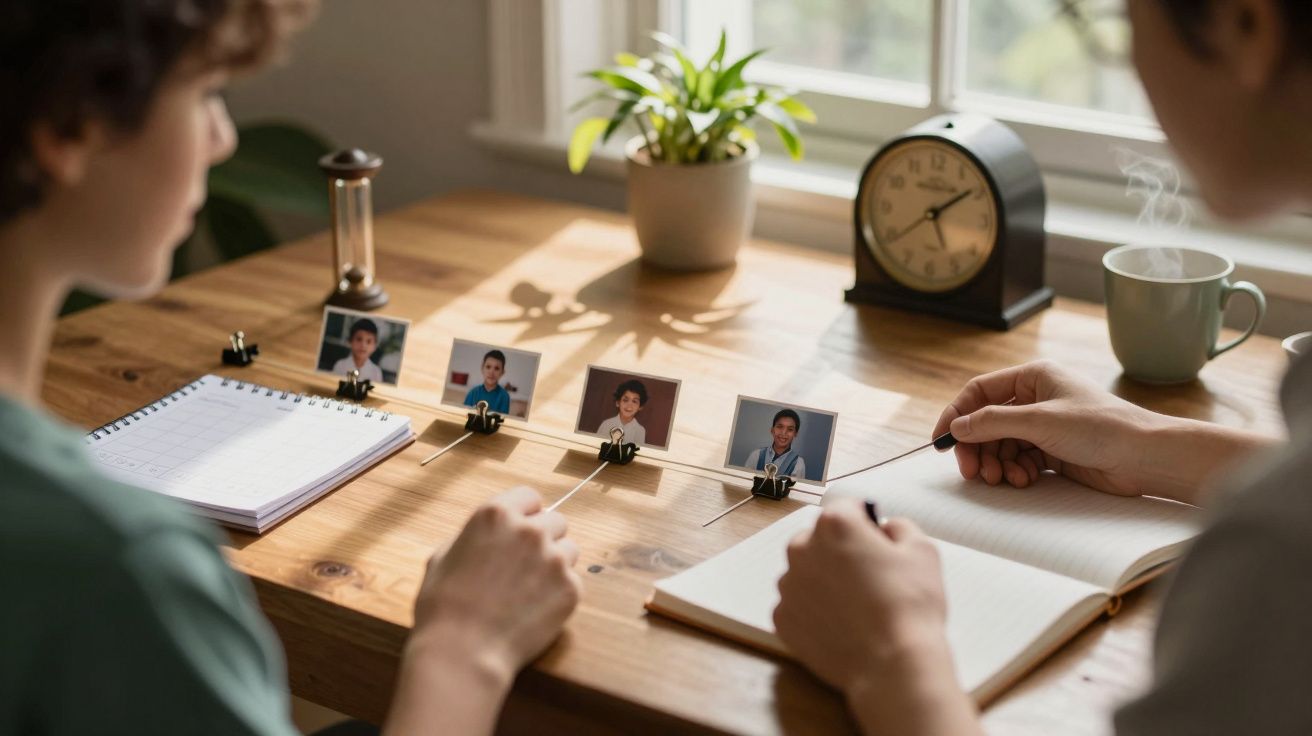 Dois indivíduos numa mesa, olhando fotografias de crianças, cadernos abertos, planta e relógio ao fundo.