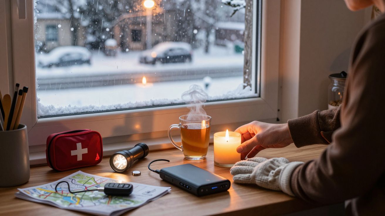 Pessoa acende vela em mesa com chá, lanterna, mapa e estojo de primeiros socorros. Janela mostra neve lá fora.