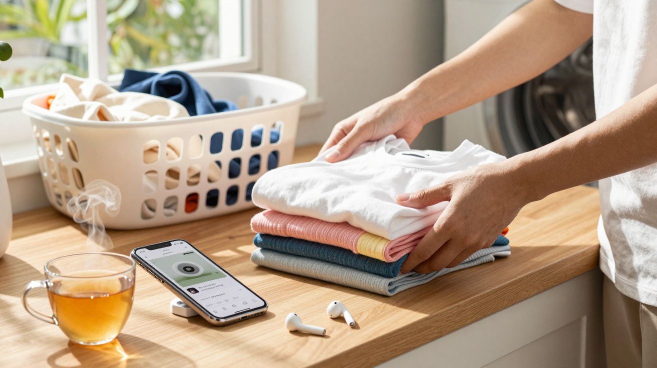 Pessoa a dobrar roupa junto a um cesto, com chá e telemóvel na bancada da lavandaria.