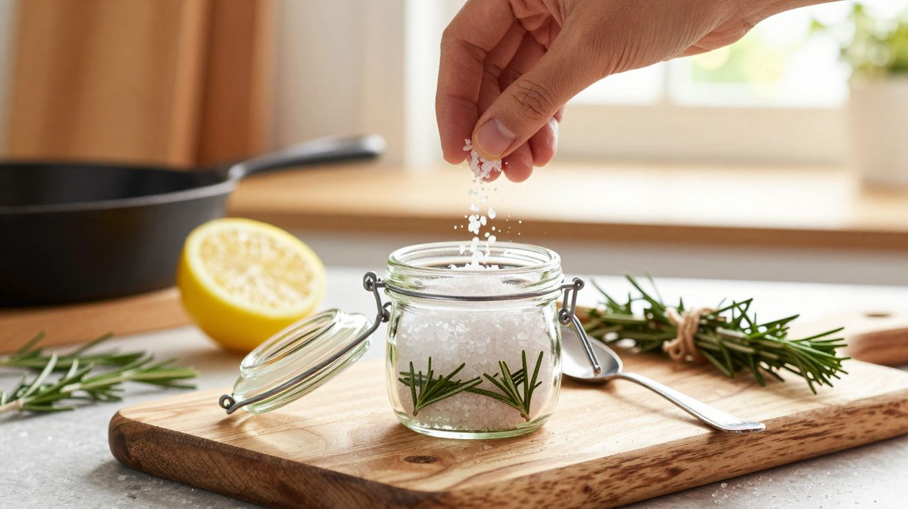 Mão a adicionar sal a um frasco de vidro com alecrim, em cima de tábua com limão cortado e ramo de alecrim.