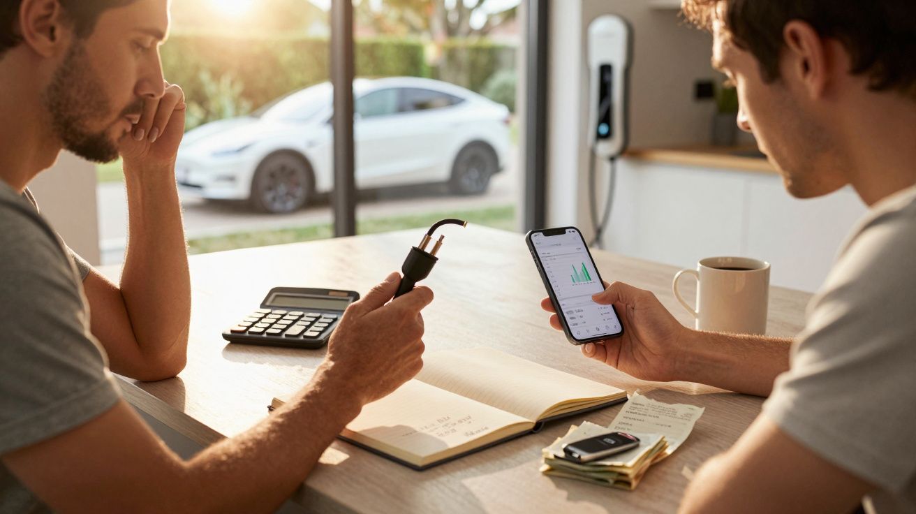 Dois homens analisam dados num smartphone e tomam notas, com um carro elétrico ao fundo junto a um carregador.